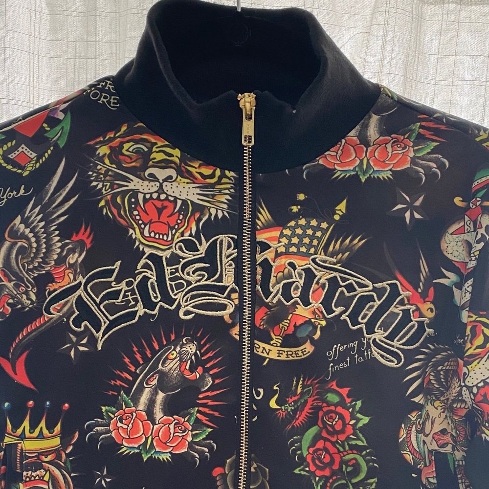 Ed Hardy woman’s Multicolor Graphic Bomber track Jacket cropped gold accents
